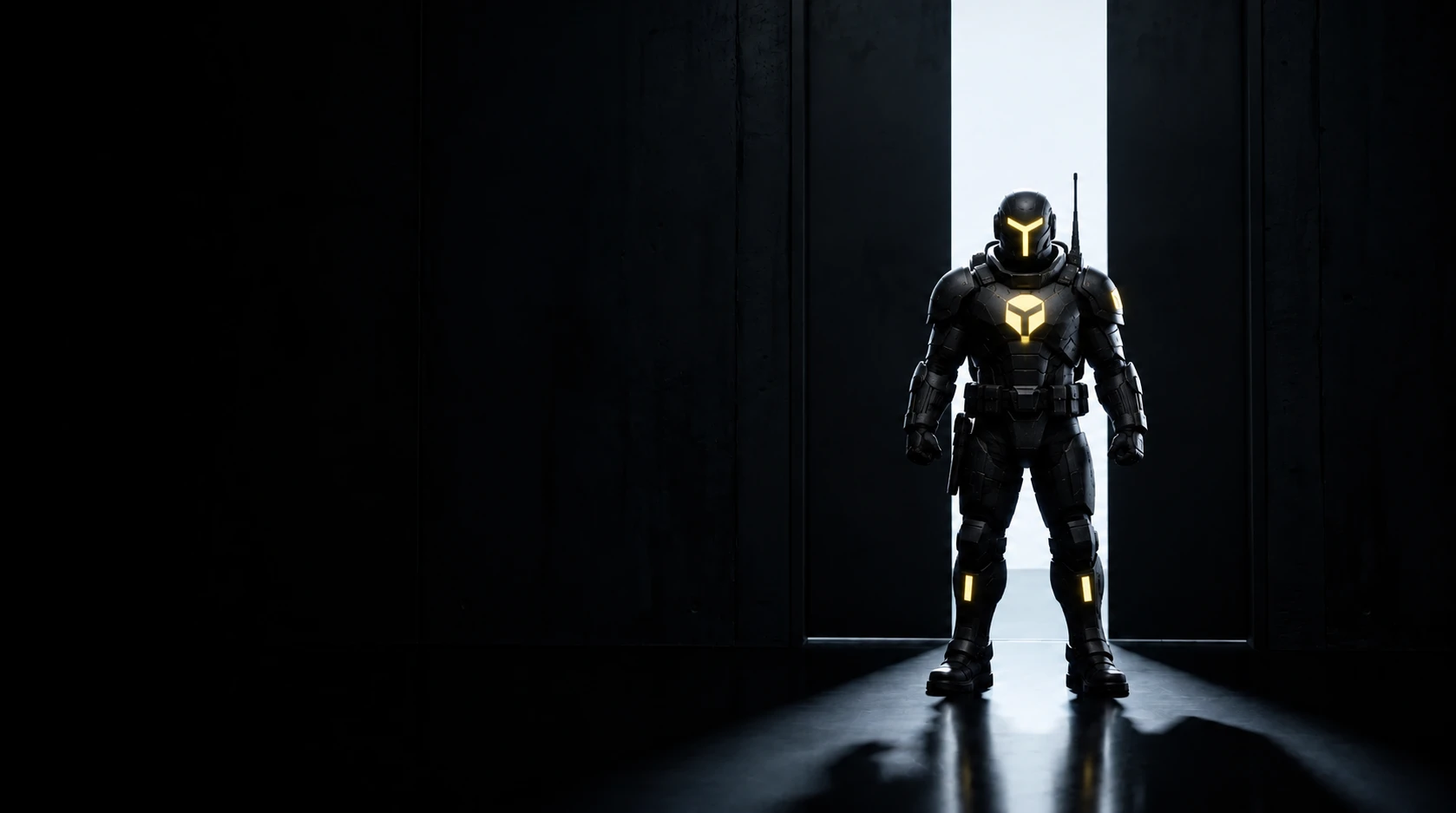 G2, a Sevii Cyber Warrior with an antenna pack, standing at a tall lit threshold cut into a black wall