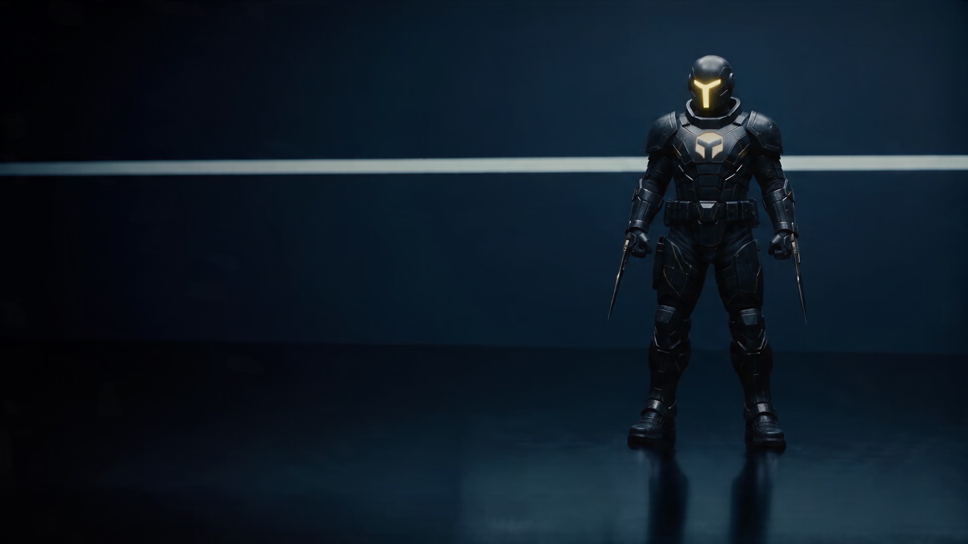 A Sevii Cyber Warrior standing in a dark blue mission bay under a narrow scanning light