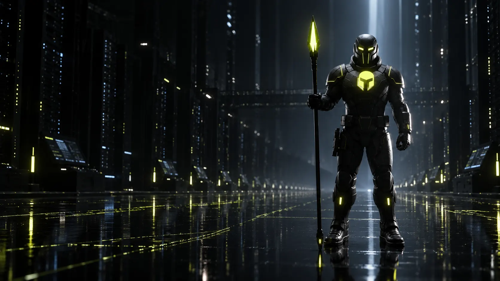 Spike, a Sevii Cyber Warrior holding a spear, standing in a vast dark data hall with rows of servers and endpoints