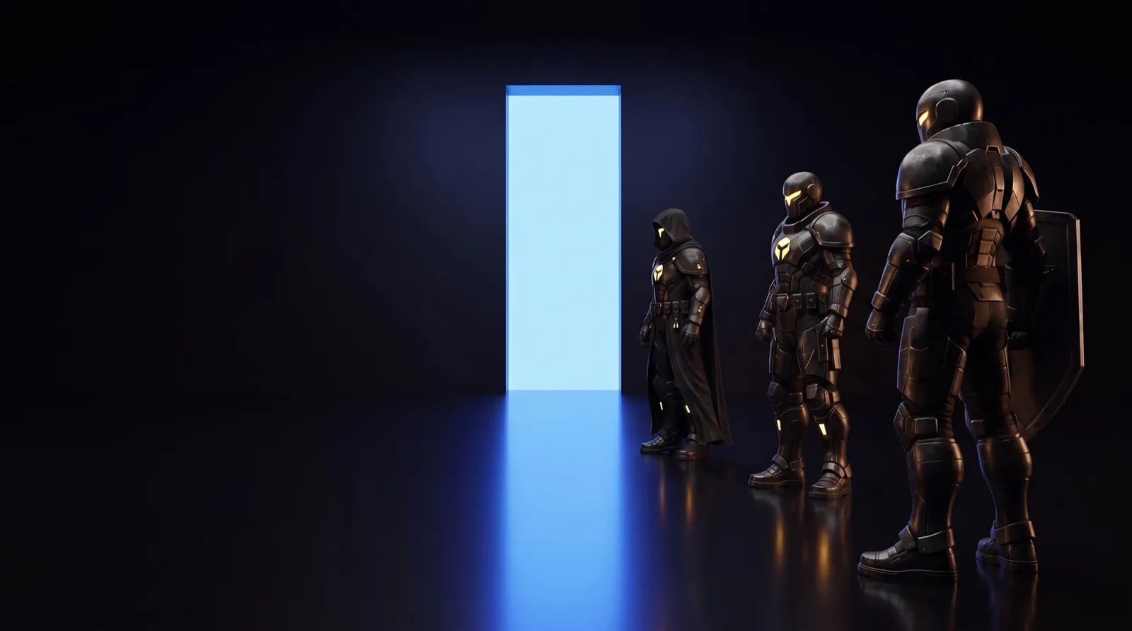 Three Sevii Cyber Warriors standing at different depths in a dark mission bay, facing an illuminated threshold