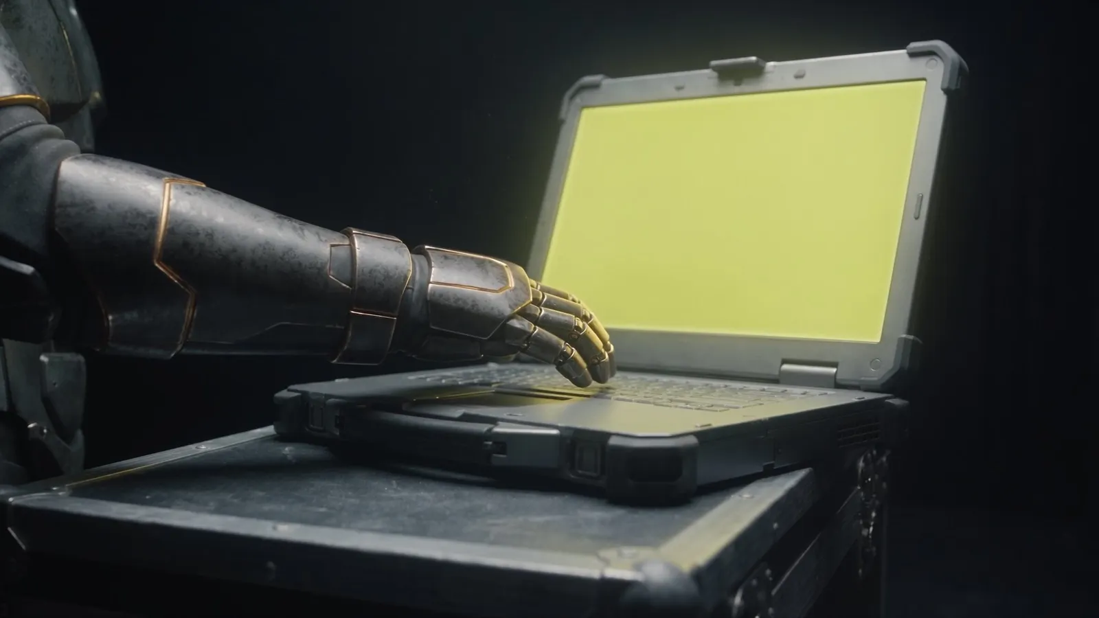 An armoured Sevii Cyber Warrior working a rugged field laptop in a dark room, the screen glowing chartreuse