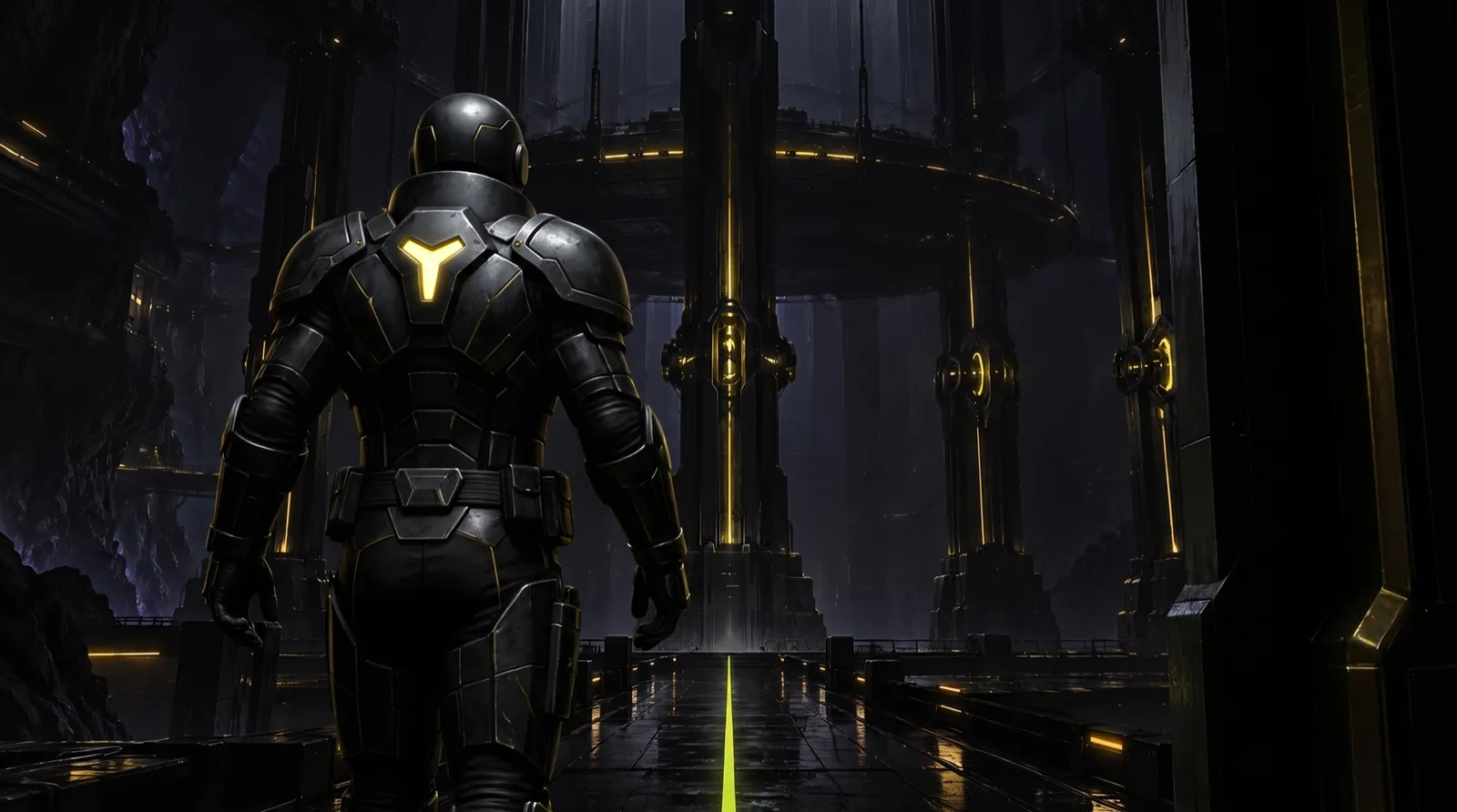 Following a Sevii Cyber Warrior from behind along a causeway through a monumental column hall