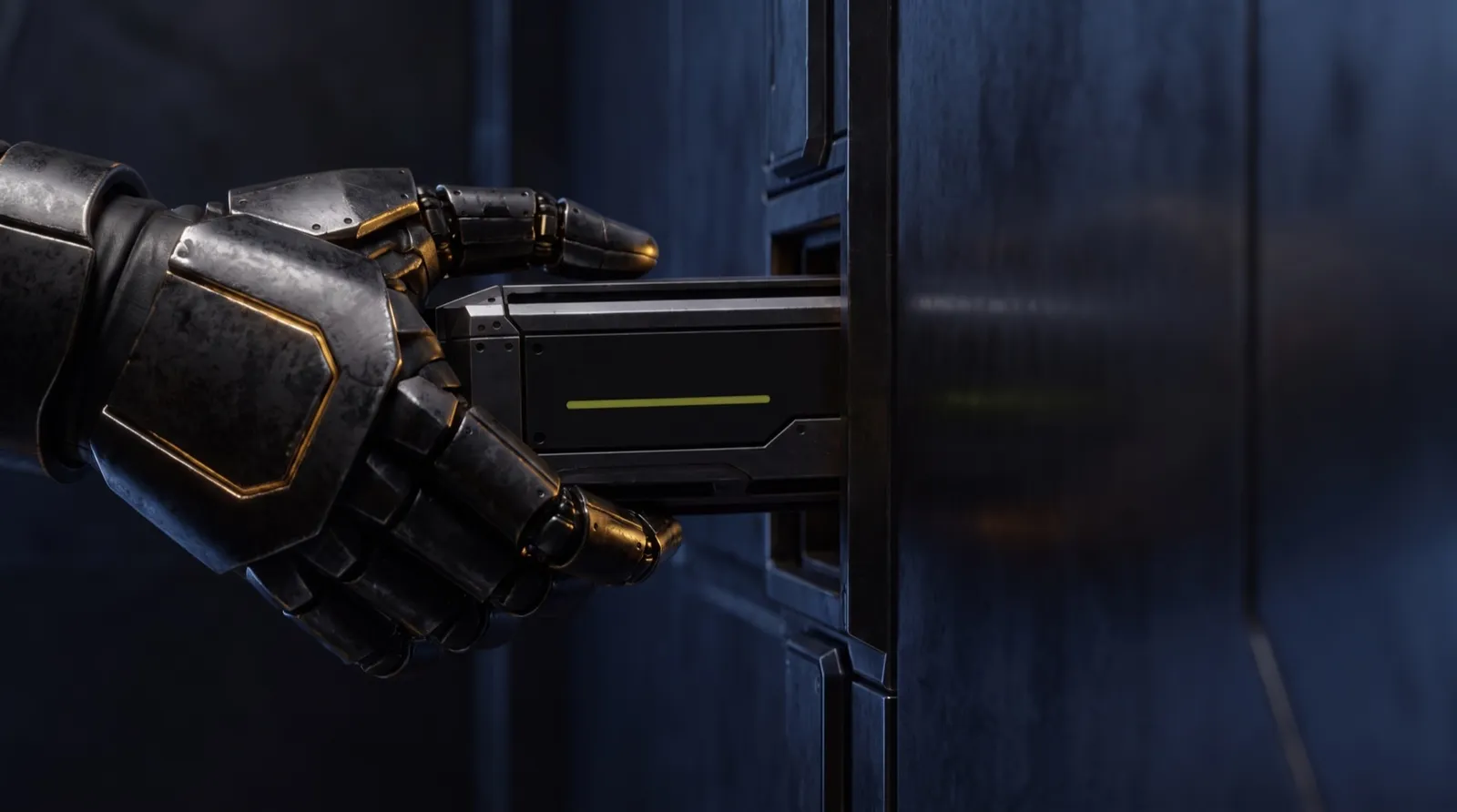 An armored hand seating the cognitive module into a machined slot