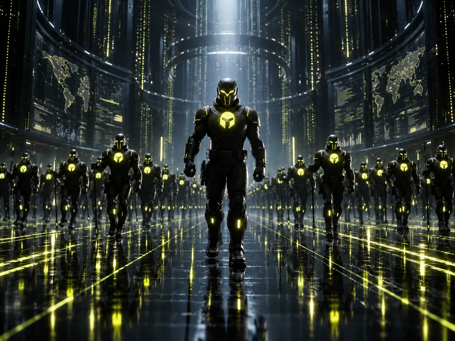 A Sevii Cyber Warrior leading a swarm of identical Cyber Warriors across a vast dark data hall