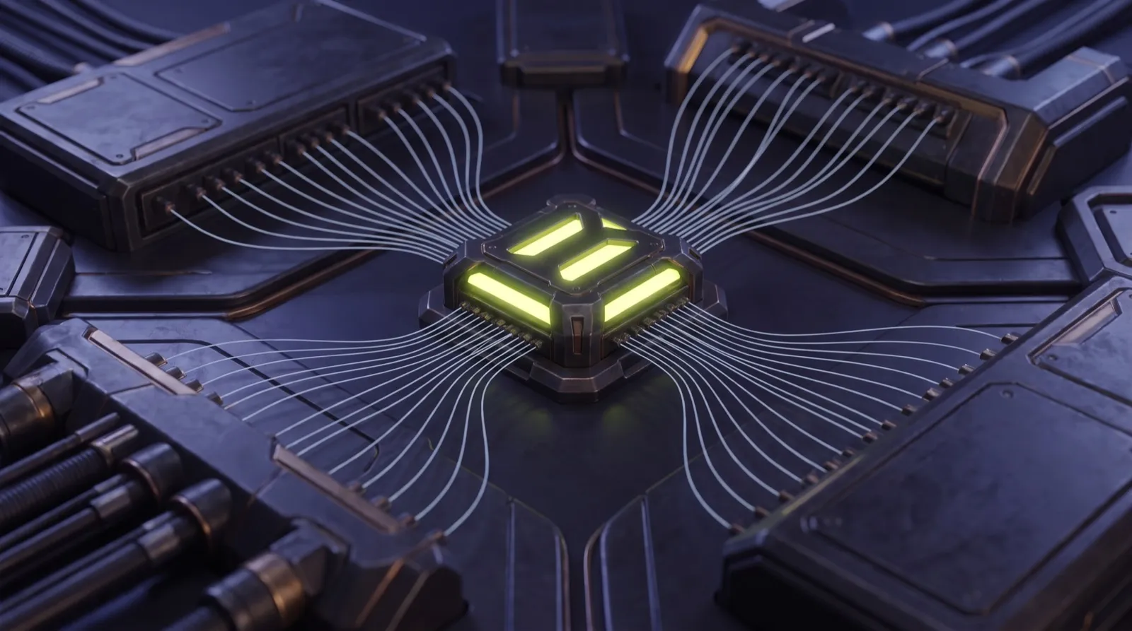 Signal lines from separate consoles converging into one lit core