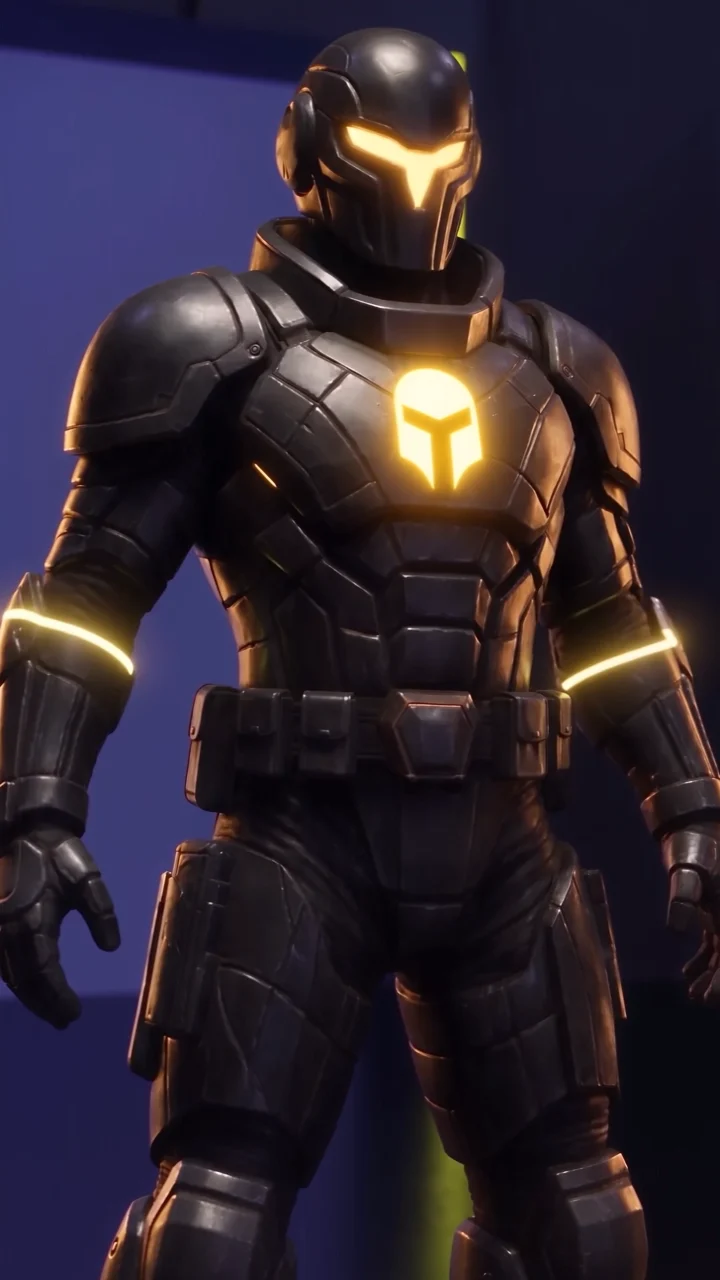 A Sevii Cyber Warrior in a loadout inspection, visor and helmet-shaped chest emblem lit, standing in a dark mission bay