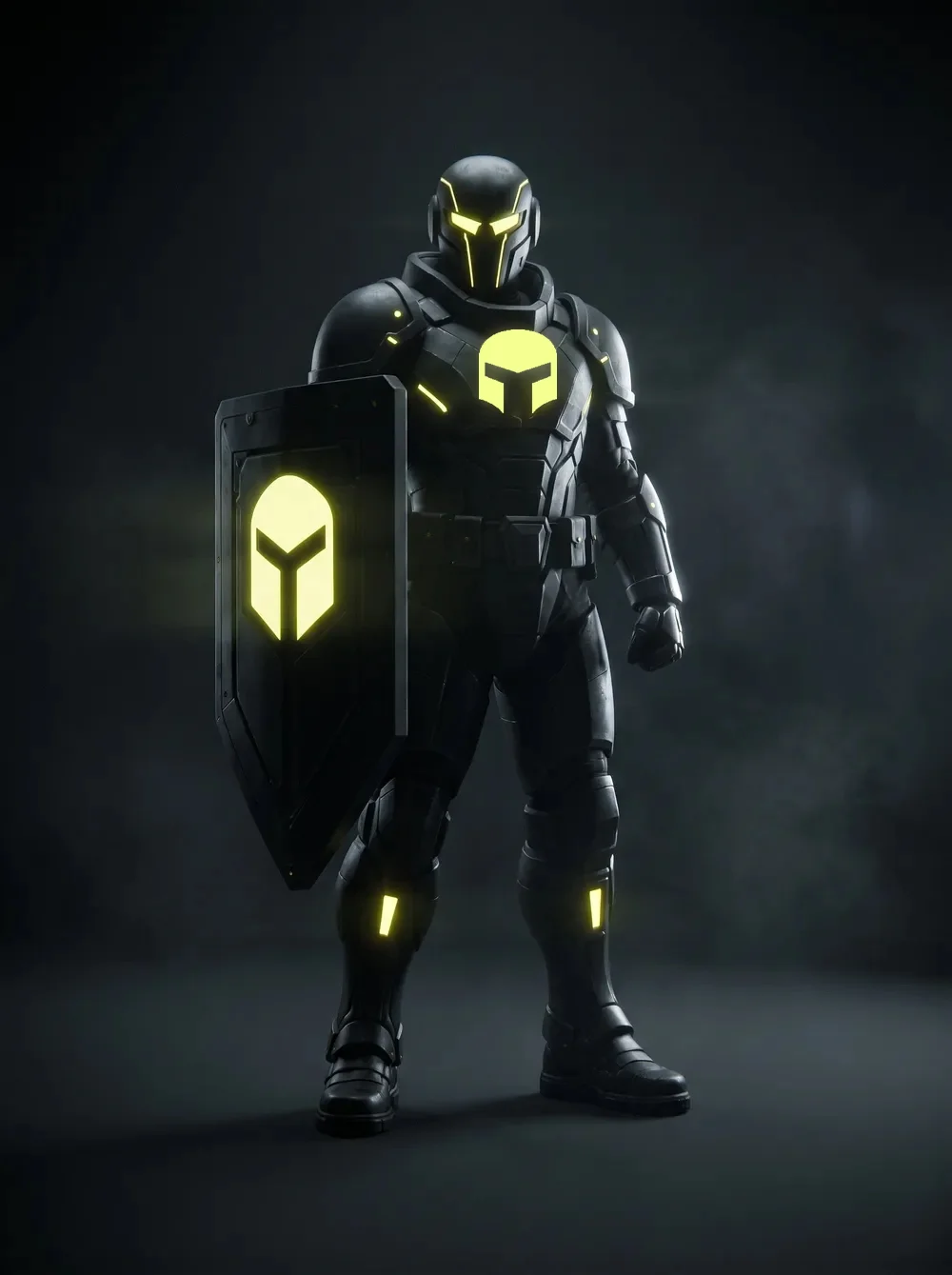 Aegis, an armoured Sevii Cyber Warrior with a shield, standing in a dark mission bay