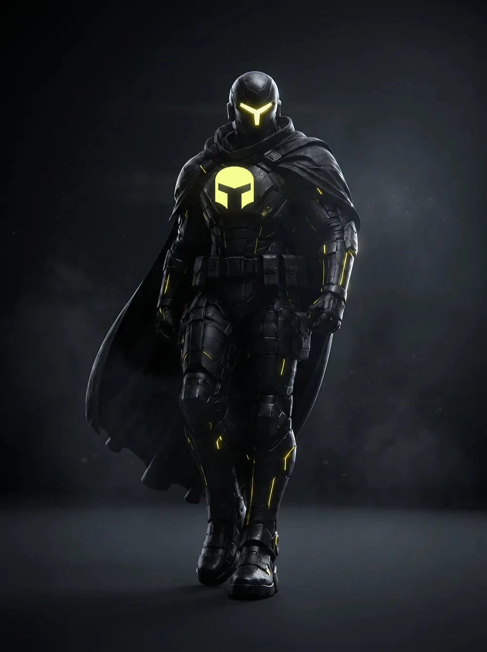 Ace, an armoured Sevii Cyber Warrior, standing in a dark mission bay