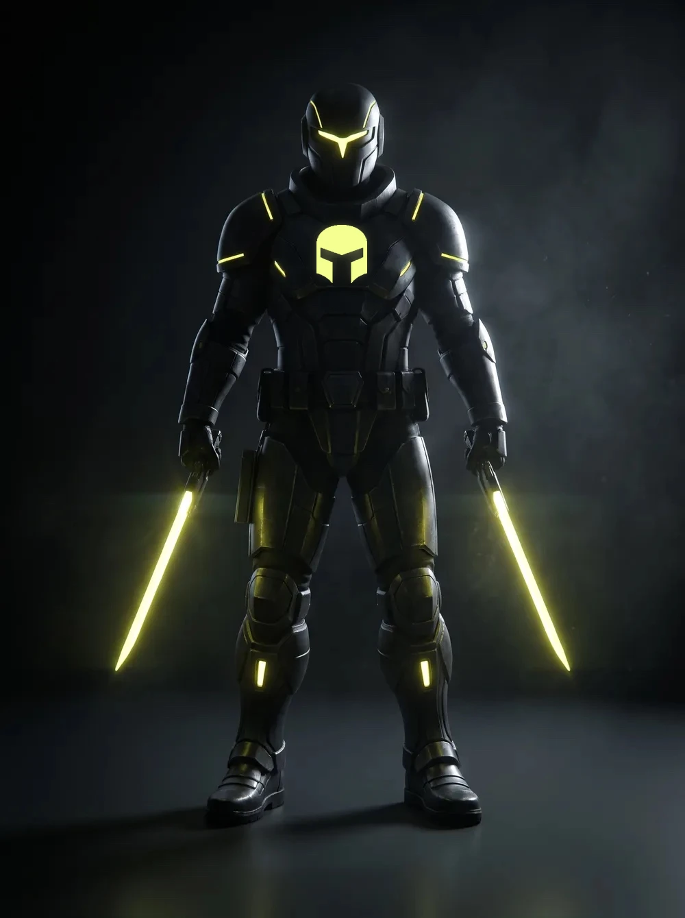 Jäger HK, an armoured Sevii Cyber Warrior, standing in a dark mission bay
