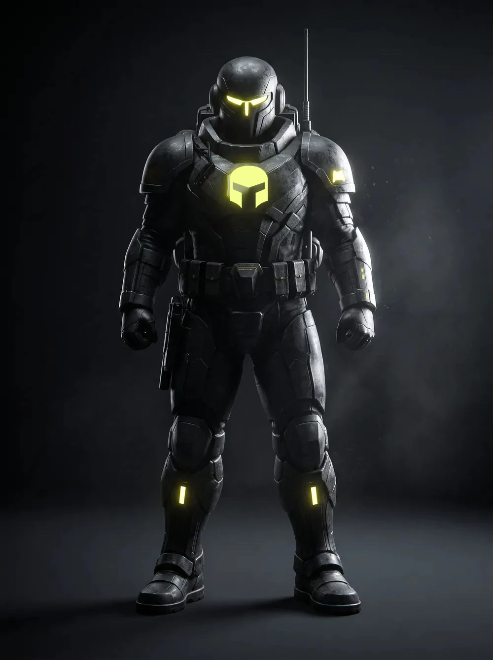 G2, an armoured Sevii Cyber Warrior with an antenna pack, standing in a dark mission bay